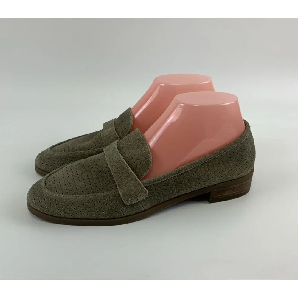 Lucky Brand Caviep Loafer Taupe Gray Suede Perforated Slip On Low Heel Women 8.5